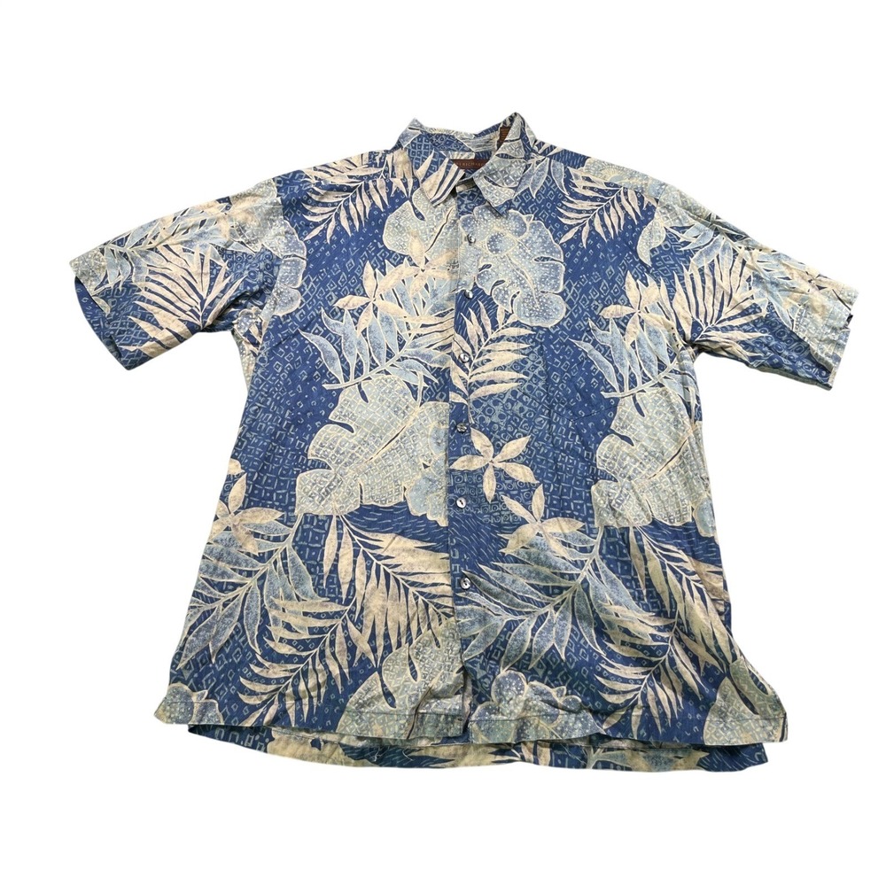 Tori Richard Men's Large Hawaiian Camp Shirt Blue Cream Tropical Button Front